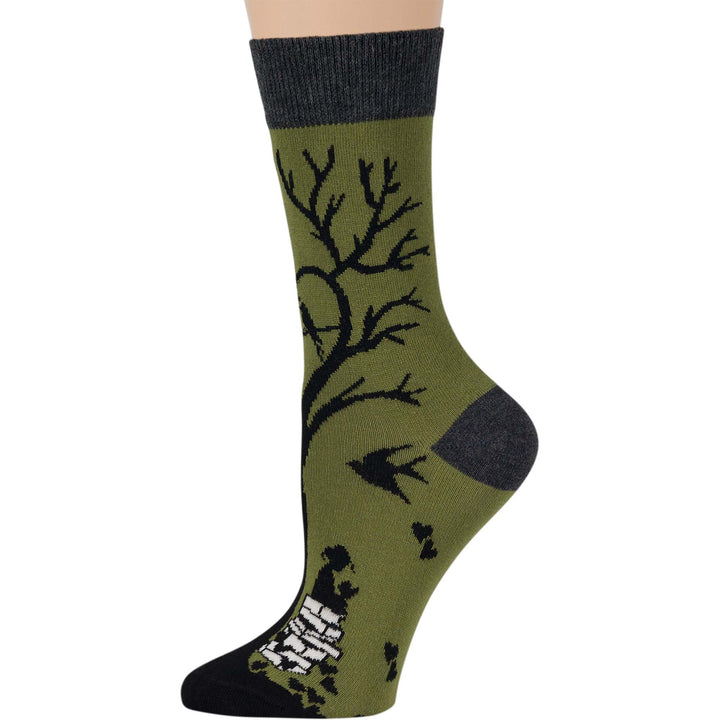 women-cotton-crew-fun-sock-4 pack-large-love-bird-book-tree-black-grey-olive green-ecru