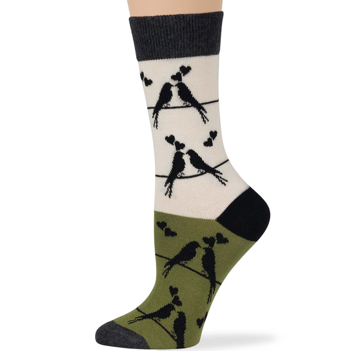 women-cotton-crew-fun-sock-4 pack-large-love-bird-black-grey-olive green-ecru