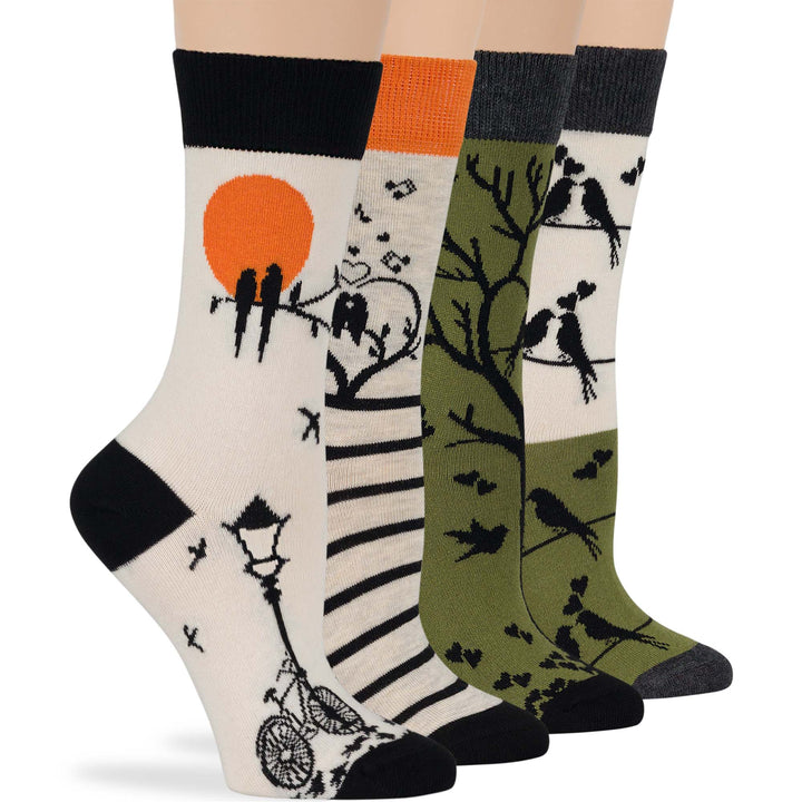 women-cotton-crew-fun-sock-4 pack-large-love-bird-book-tree-black-grey-green-ecru