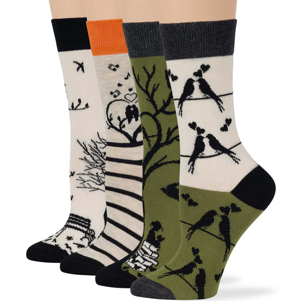 women-cotton-crew-fun-sock-4 pack-large-love-bird-book-tree-black-grey-green-ecru