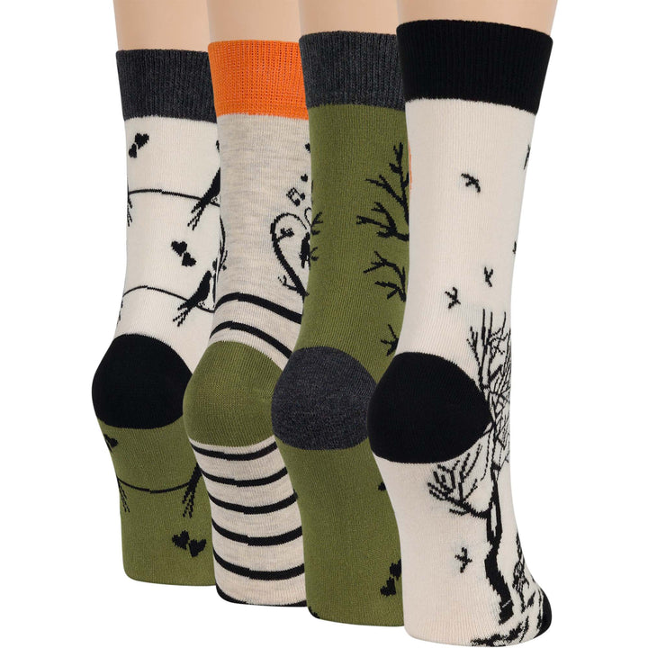 women-cotton-crew-fun-sock-4 pack-large-love-bird-book-tree-black-grey-green-ecru