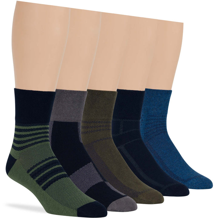 men-diabetic-cotton-extra-wide-quarter-socks-5 pack-large-stripe-pattern-blue-grey-green-black