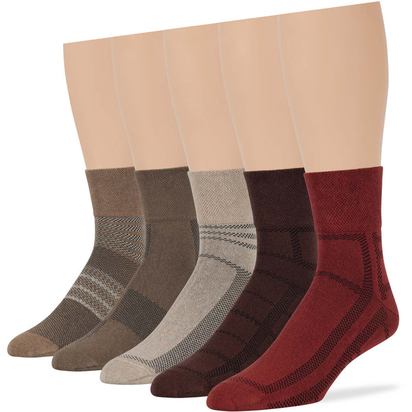 men-diabetic-cotton-extra-wide-quarter-socks-5 pack-large-stripe-pattern-brown-beige-khaki