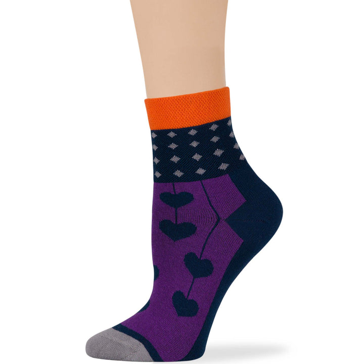 women-cotton-diabetic-ankle-seamless-non-binding-sock-4 pack-large-polka-dot-dark navy-purple-grey-orange