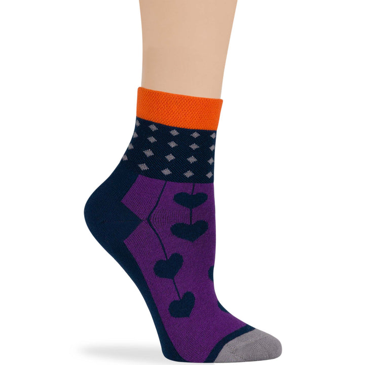 women-cotton-diabetic-ankle-seamless-non-binding-sock-4 pack-large-polka-dot-dark navy-purple-grey-orange