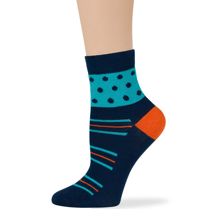 women-cotton-diabetic-ankle-seamless-non-binding-sock-4 pack-large-polka-dot-dark navy-blue-orange