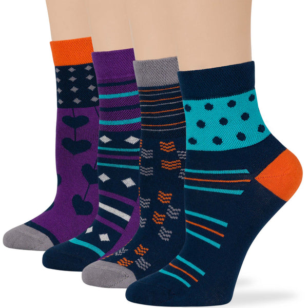 women-cotton-diabetic-ankle-seamless-non-binding-sock-4 pack-large-polka-dot-navy-purple-grey-blue-orange