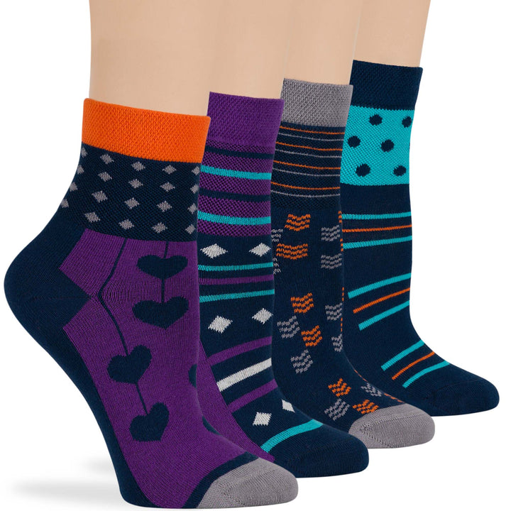 women-cotton-diabetic-ankle-seamless-non-binding-sock-4 pack-large-polka-dot-navy-purple-grey-blue-orange