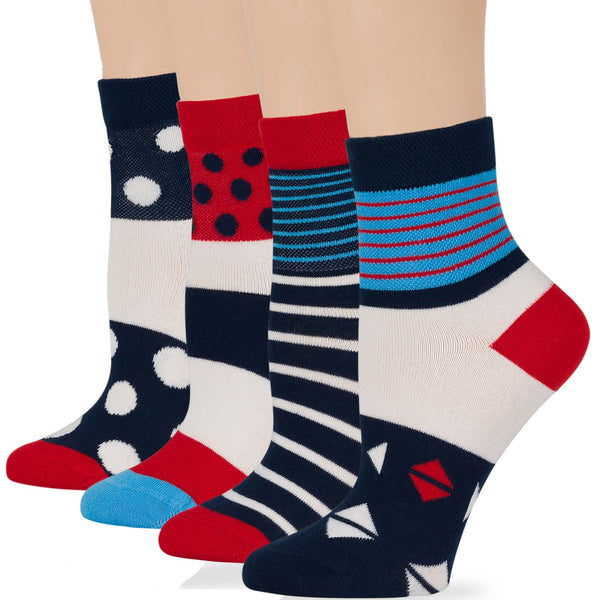 women-cotton-diabetic-ankle-seamless-non-binding-sock-4 pack-large-stripe-polka-dot-navy-blue-red-white