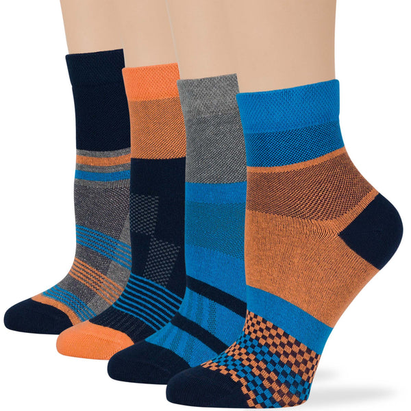 women-cotton-diabetic-seamless-ankle-sock-4 pack-large-extra-wide-geometric-stripe-navy-grey-blue-salmon