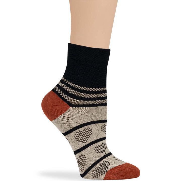 women-cotton-diabetic-ankle-seamless-non-binding-sock-4 pack-large-heart-stripe-black-brown-ecru