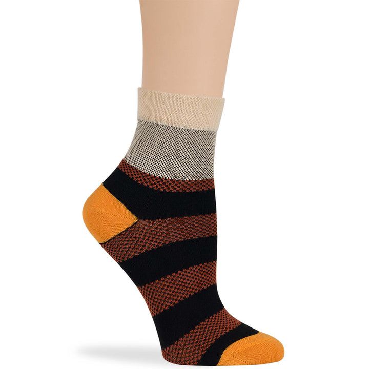 women-cotton-diabetic-ankle-seamless-non-binding-sock-4 pack-large-stripe-black-brown-orange-ecru