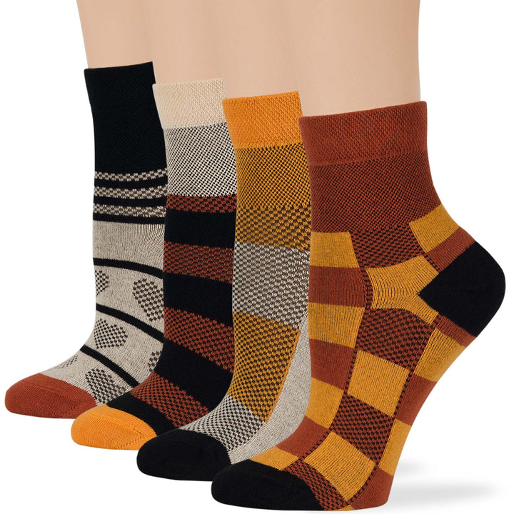 women-cotton-diabetic-ankle-seamless-non-binding-sock-4 pack-large-heart-stripe-black-brown-orange-ecru