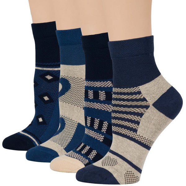 women-cotton-diabetic-ankle-seamless-socks-4 pack-large-patterned-navy-blue-ecru