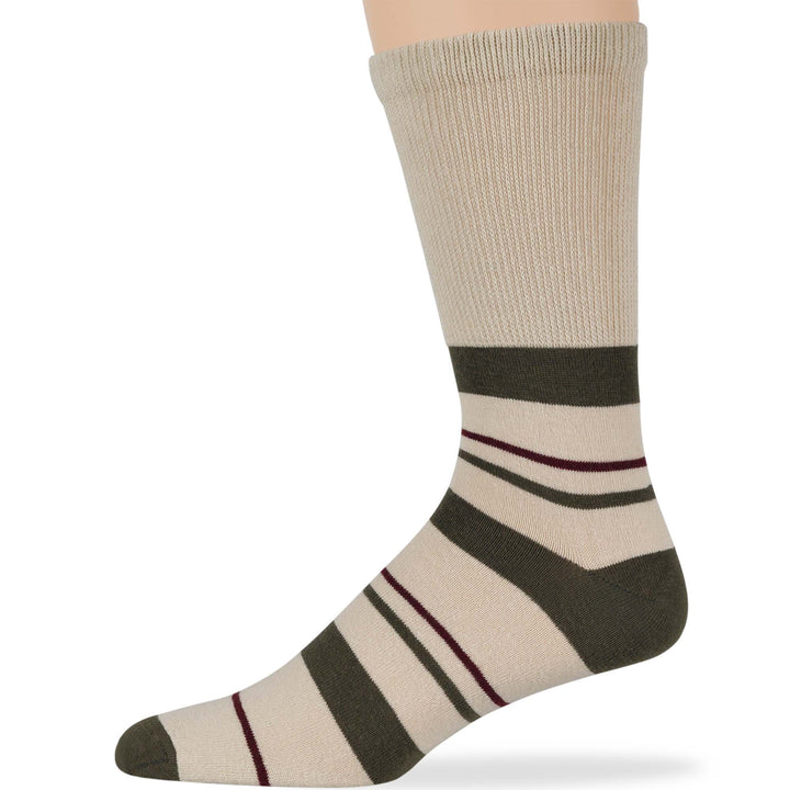 men-diabetic-cotton-seamless-crew-socks-5 pack-large-stripe-olive green-light beige