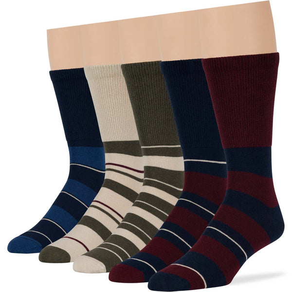 men-diabetic-cotton-seamless-crew-socks-5 pack-large-stripe-burgundy-navy-green-beige