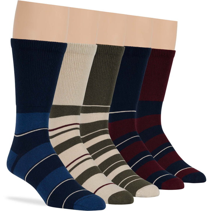 men-diabetic-cotton-seamless-crew-socks-5 pack-large-stripe-burgundy-navy-green-beige