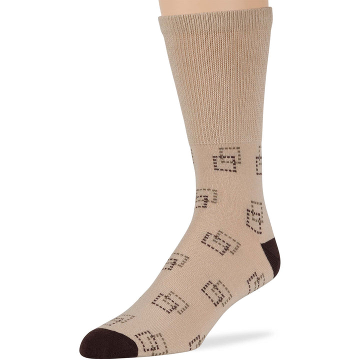 men-diabetic-cotton-seamless-crew-socks-5 pack-large-pattern-light beige-dark brown