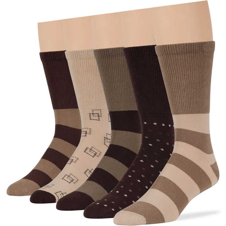 men-diabetic-cotton-seamless-crew-socks-5 pack-large-stripe-pattern-beige-khaki-brown