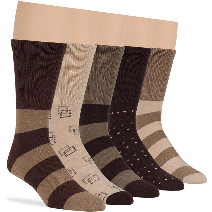 men-diabetic-cotton-seamless-crew-socks-5 pack-large-stripe-pattern-beige-khaki-brown
