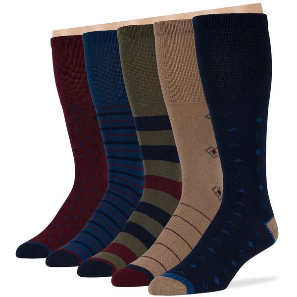 men-diabetic-cotton-non-binding-mid-calf-socks-5 pack-large-stripe-pattern-navy-burgundy-green-beige