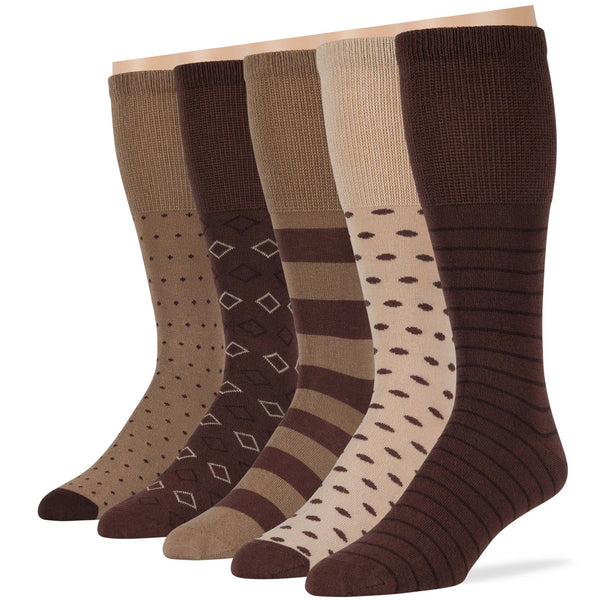 men-diabetic-cotton-non-binding-mid-calf-socks-5 pack-large-stripe-pattern-brown-beige