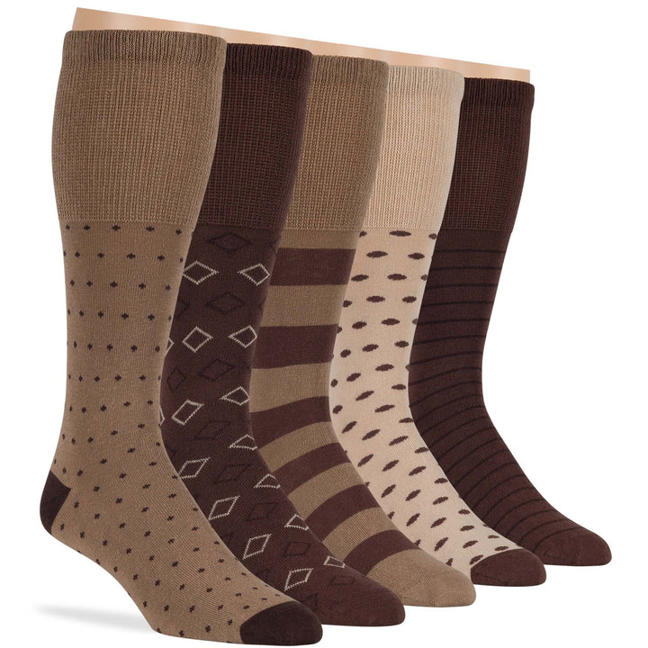 men-diabetic-cotton-non-binding-mid-calf-socks-5 pack-large-stripe-pattern-brown-beige