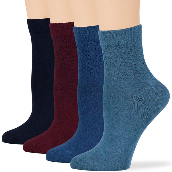 Women's Cotton Diabetic Quarter Socks in Dark Navy, Burgundy, Light Navy, Denim Blue - 4 Pack, Solid Pattern, Seamless, Breathable, Non-Binding