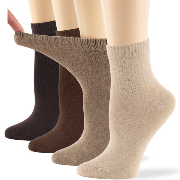 Women's cotton diabetic quarter socks in light beige, beige, brown, and dark brown, non-binding and breathable - 4 pack (A020)