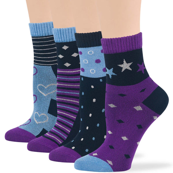 Women Bamboo Diabetic Novelty Quarter Socks - 4 Pack - Star, Stripe (A082)