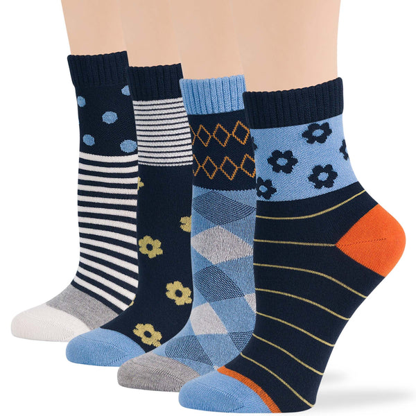 Women Bamboo Diabetic Novelty Quarter Socks - 4 Pack - Argyle (A085)