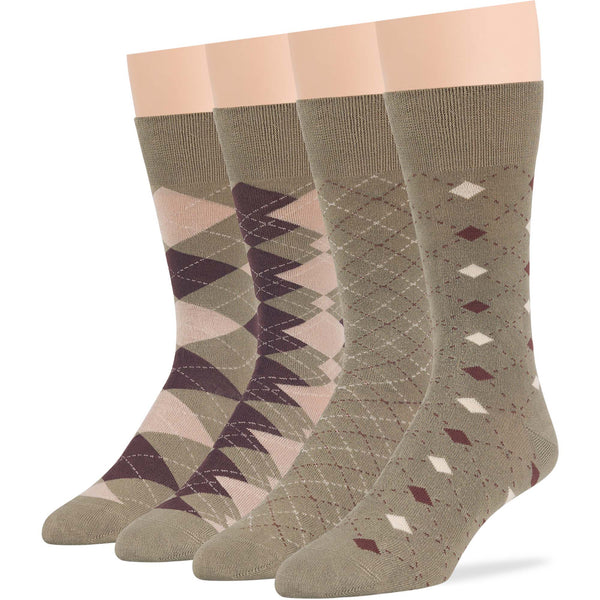 Men's Bamboo Patterned Crew Socks - 4 Pack - Argyle, Geometric (A072)