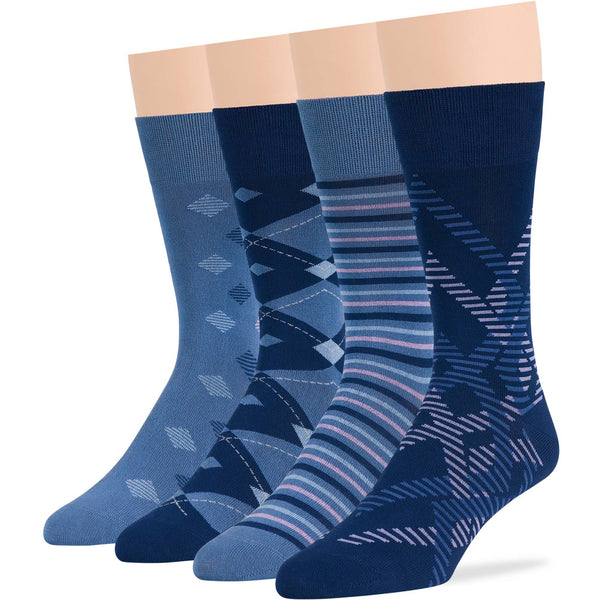 Men's Bamboo Patterned Crew Socks - 4 Pack - Stripe, Geometric (A074)