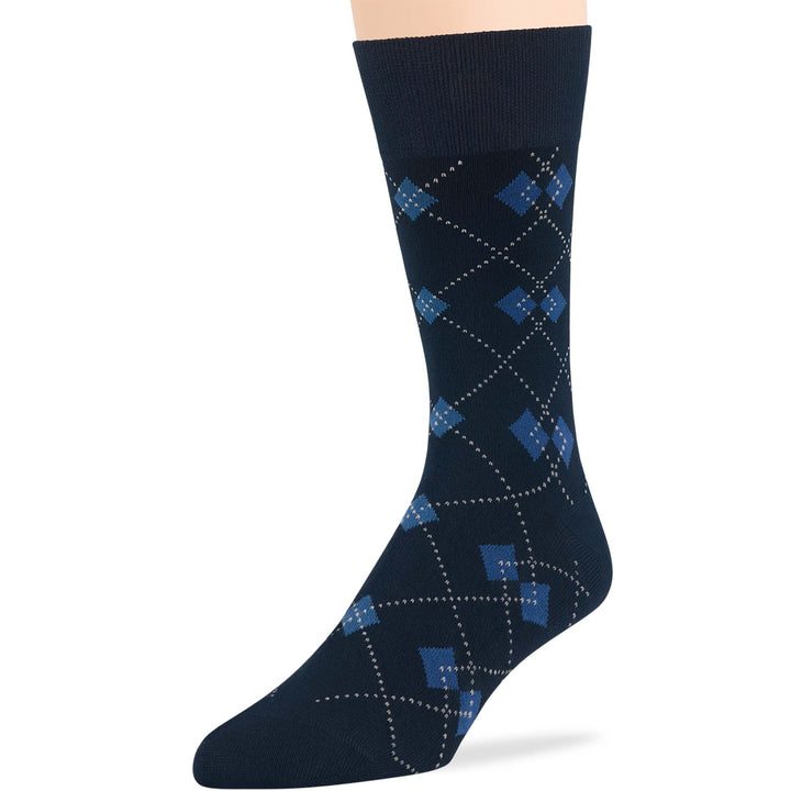 Men's dark navy bamboo crew socks featuring geometric argyle pattern, lightweight and breathable design.