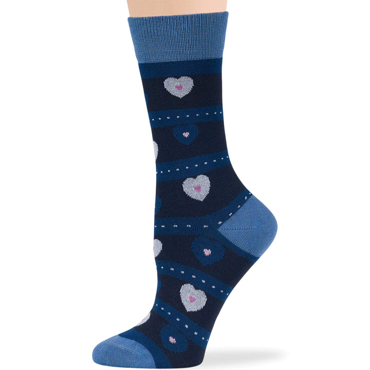 Women's Bamboo Dress Crew Socks with Heart Pattern in Dark Navy and Blue – Breathable, Seamless, Ideal for Sensitive Feet