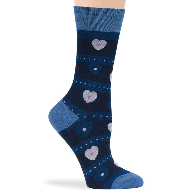 Women's bamboo crew socks with heart pattern in dark navy and blue - breathable, seamless toe, non-binding, ideal for sensitive feet.