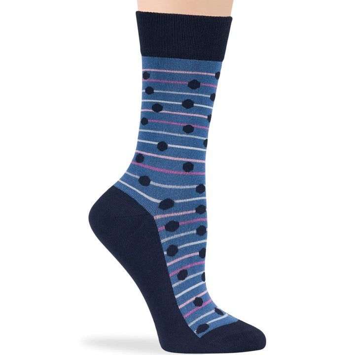 Women's bamboo dress crew sock with blue, navy, and pink stripe and polka dot pattern, crew height, seamless toe, eco-friendly material.