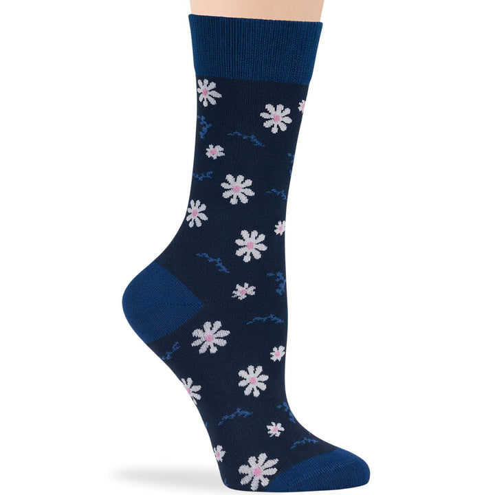 Dark navy bamboo crew socks with white and pink floral pattern, non-binding, breathable, ideal for neuropathy and circulatory issues.