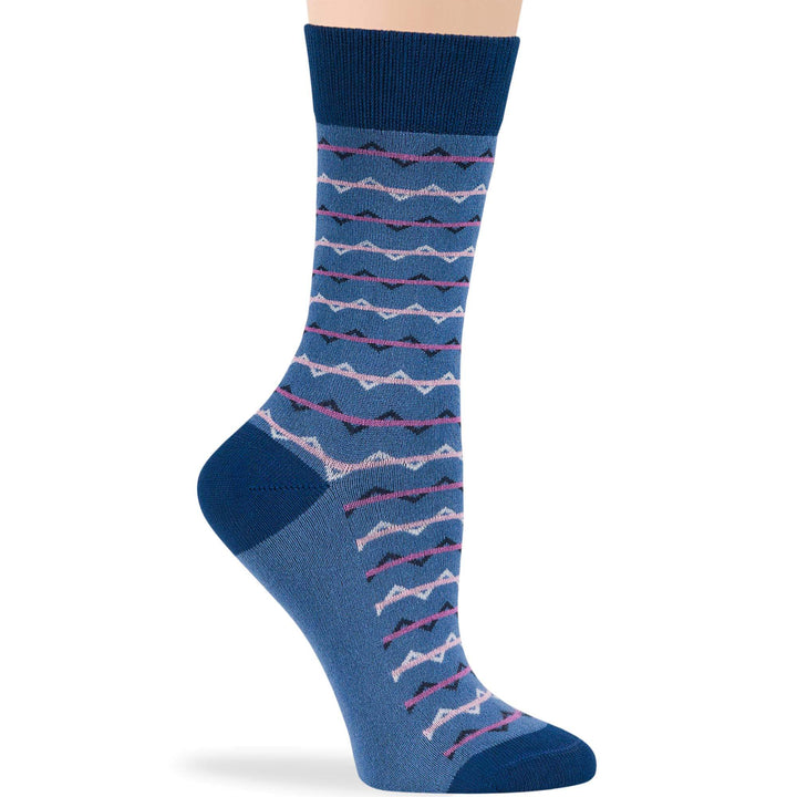 Women's Bamboo Dress Crew Socks in Denim Blue with Heart and Stripe Patterns - Non-Binding, Breathable, Seamless Toe