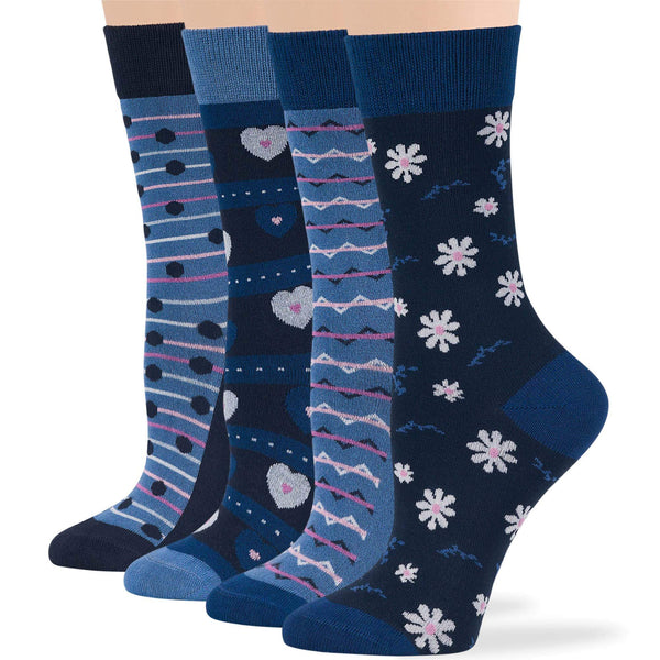 Women's bamboo crew socks in heart, stripe, and flower patterns in dark navy and blue, lightweight and breathable.