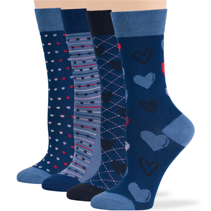 Women’s bamboo crew socks 4 pack in denim blue and navy with heart and stripe patterns. Comfortable and breathable design.