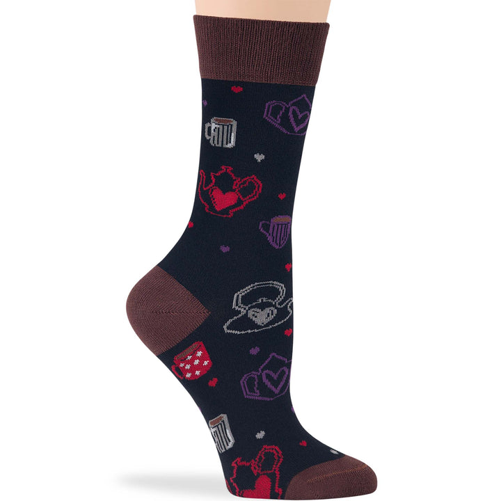 Women’s bamboo crew sock in black with coffee and tea patterns, featuring teapots and hearts, lightweight and breathable.