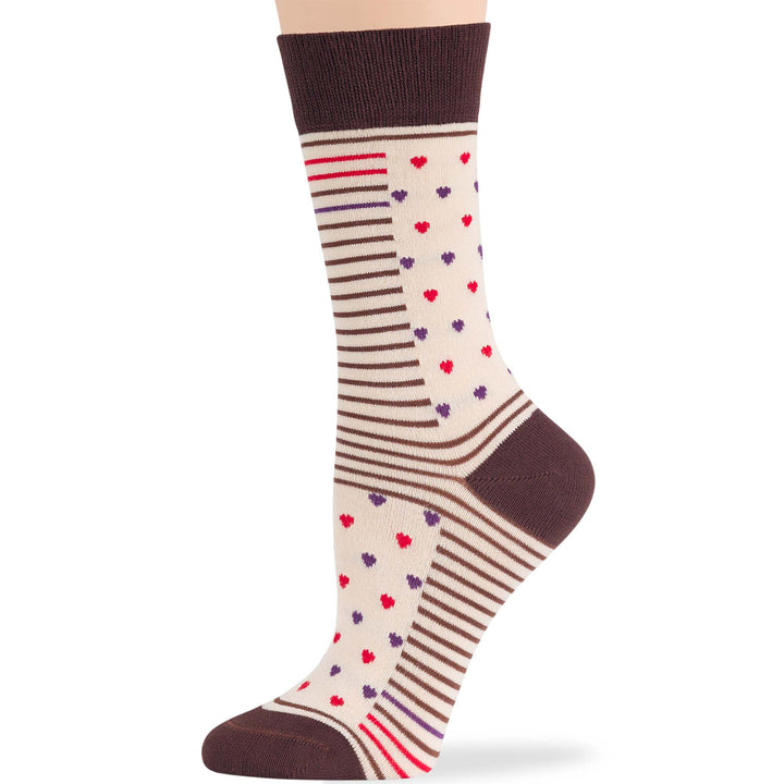 Women’s bamboo crew sock in beige with heart and stripe patterns, perfect for coffee and tea lovers, lightweight and breathable.