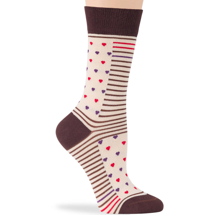 Women’s bamboo crew socks featuring heart and striped pattern in brown, cream, and colorful hearts, soft and breathable.