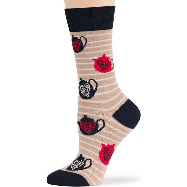 Women’s bamboo crew socks featuring tea pot pattern on beige and black stripes, perfect for tea lovers.