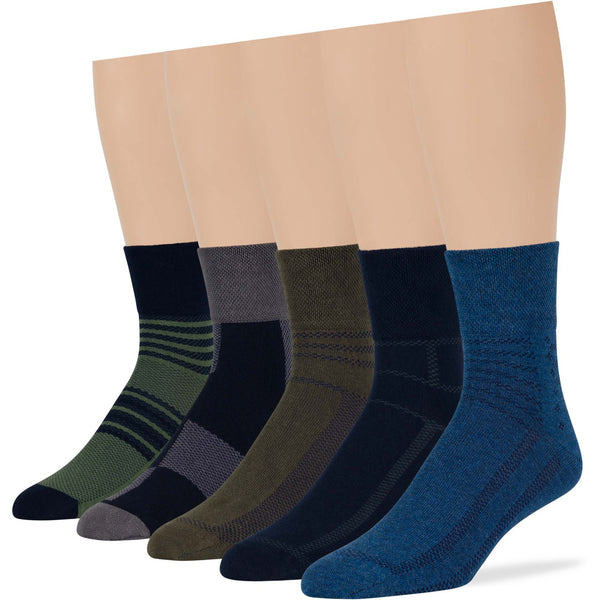 Men's Cotton Diabetic Patterned Quarter Socks - 5 Pack - Stripe, Square (A61)