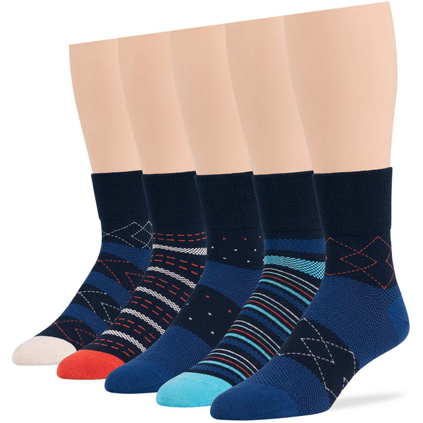 Men's Cotton Diabetic Patterned Quarter Socks - 5 Pack - Stripe, Geometric, Dot (A087)