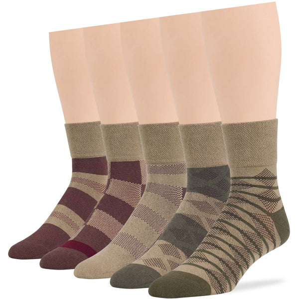 Men's Cotton Diabetic Patterned Quarter Socks 5-Pack Stripe in Khaki, Brown, Olive Green - Geometric and Stripe Patterns, Soft & Breathable