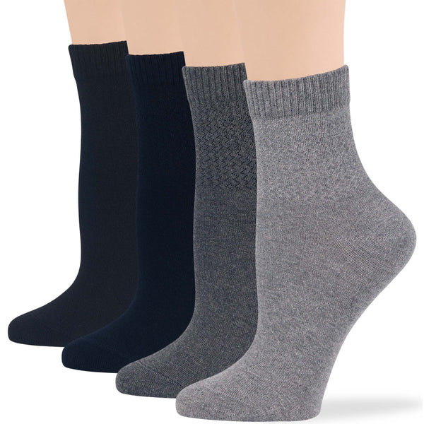 Women's Cotton Diabetic Quarter Socks - 4 Pack - Black, Dark Navy, Dark Grey, Grey (A008)