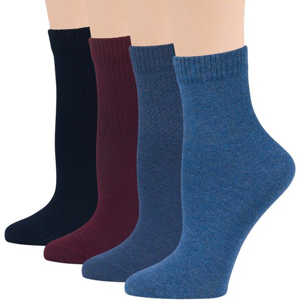 Women's Cotton Diabetic Quarter Socks - 4 Pack - Dark Navy, Burgundy, Light Navy, Denim Blue (A016)